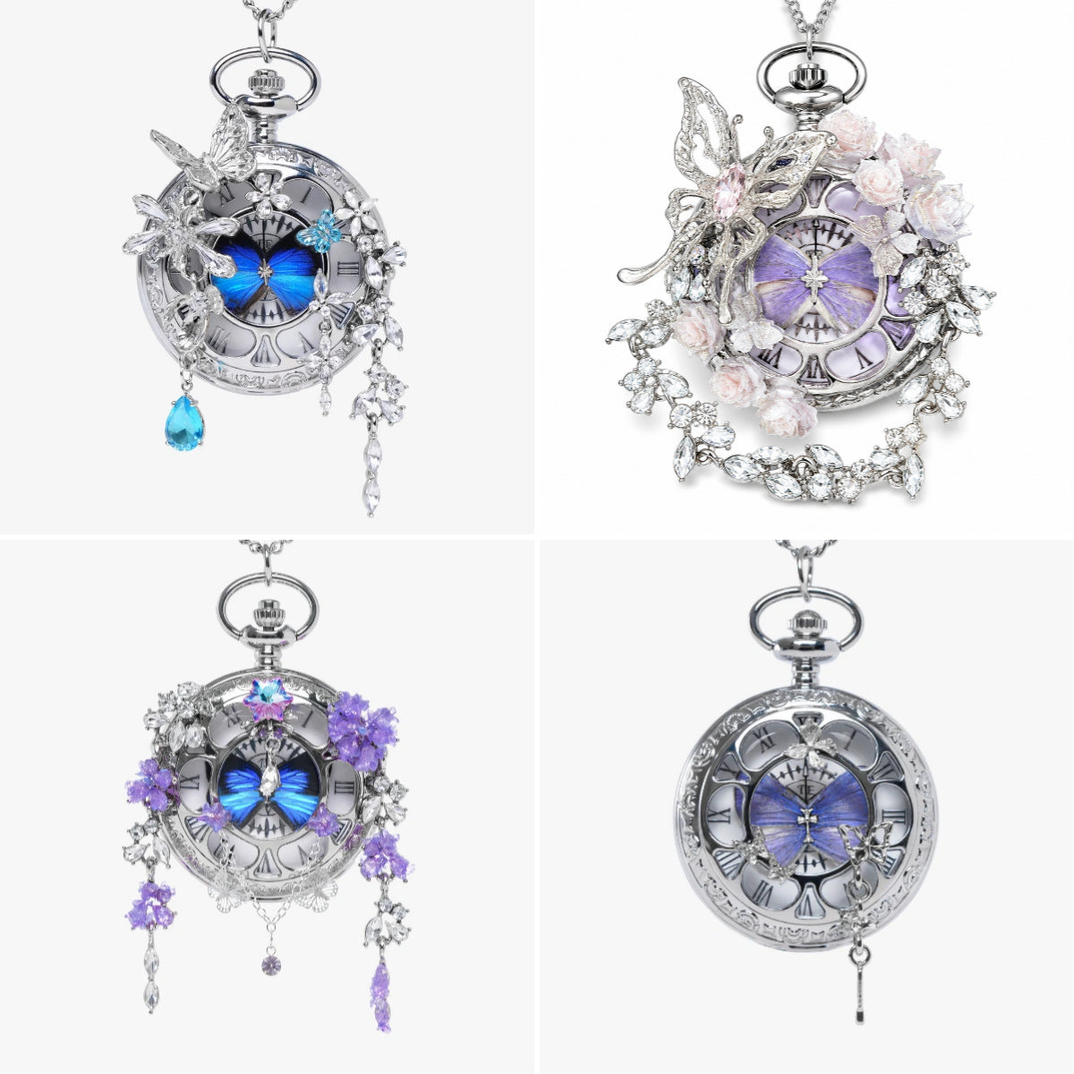 🔥49% OFF - 🦋 Butterfly in Time Handmade Multicolor Pocket Watch Necklace - Handmade Silver Crystal Floral Design
