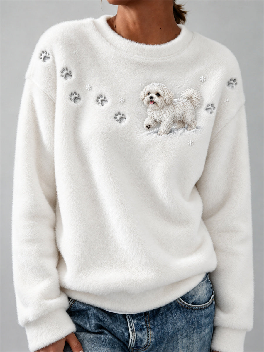 Women's Maltese Dog in the Snow Paw Prints & Snowflakes Print Cozy Flannel Sweatshirt