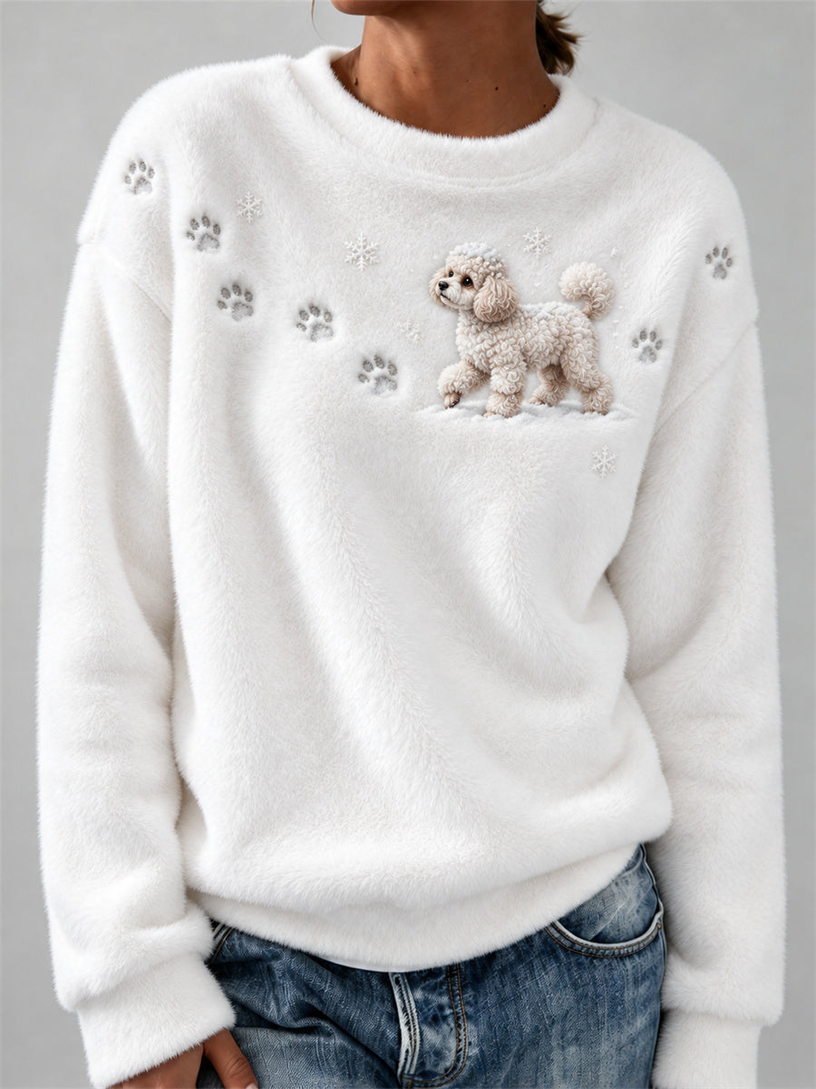Women's Poodle Dog in the Snow Paw Prints & Snowflakes Print Cozy Flannel Sweatshirt