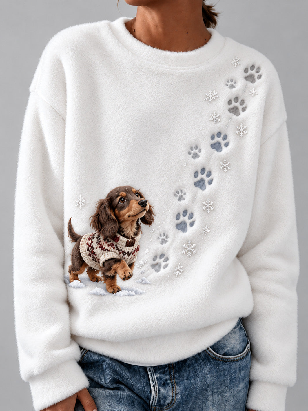 Women's Winter Snowy Dachshund Pattern Casual Flannel Sweatshirt