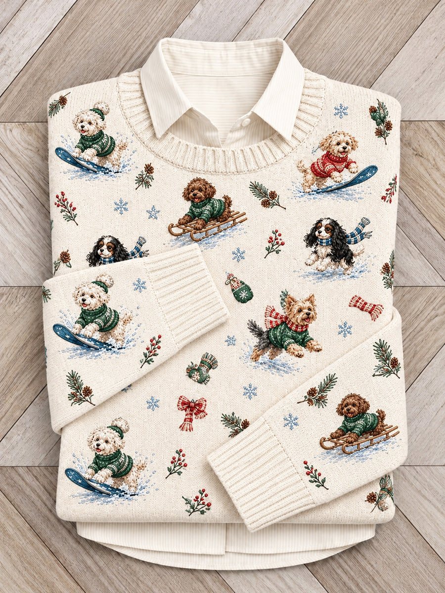 Women's Cute Snowboarding Dogs Print Crew Neck Sweater
