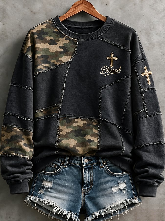 Women's Retro Camouflage Cross Print Casual Sweatshirt
