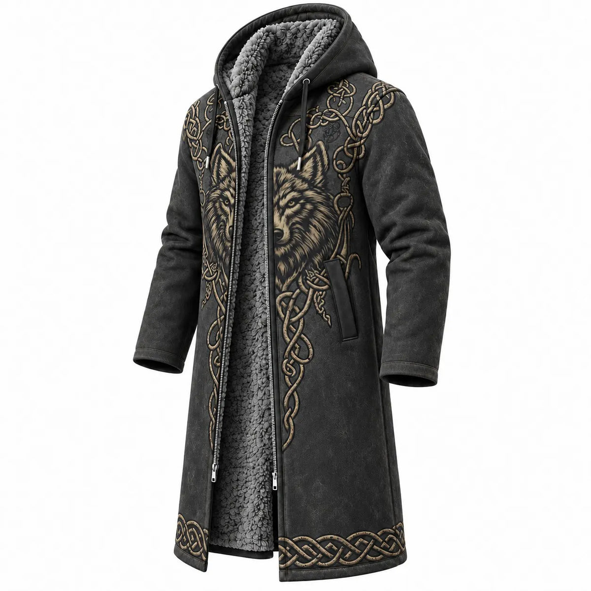Men's Wolf Totem Dark Vintage Celtic Knot Printed Fleece-Lined Hooded Jacket