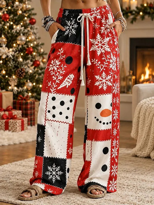 Women's Patchwork Snowman Snowflake Print Casual Wide Leg Pants