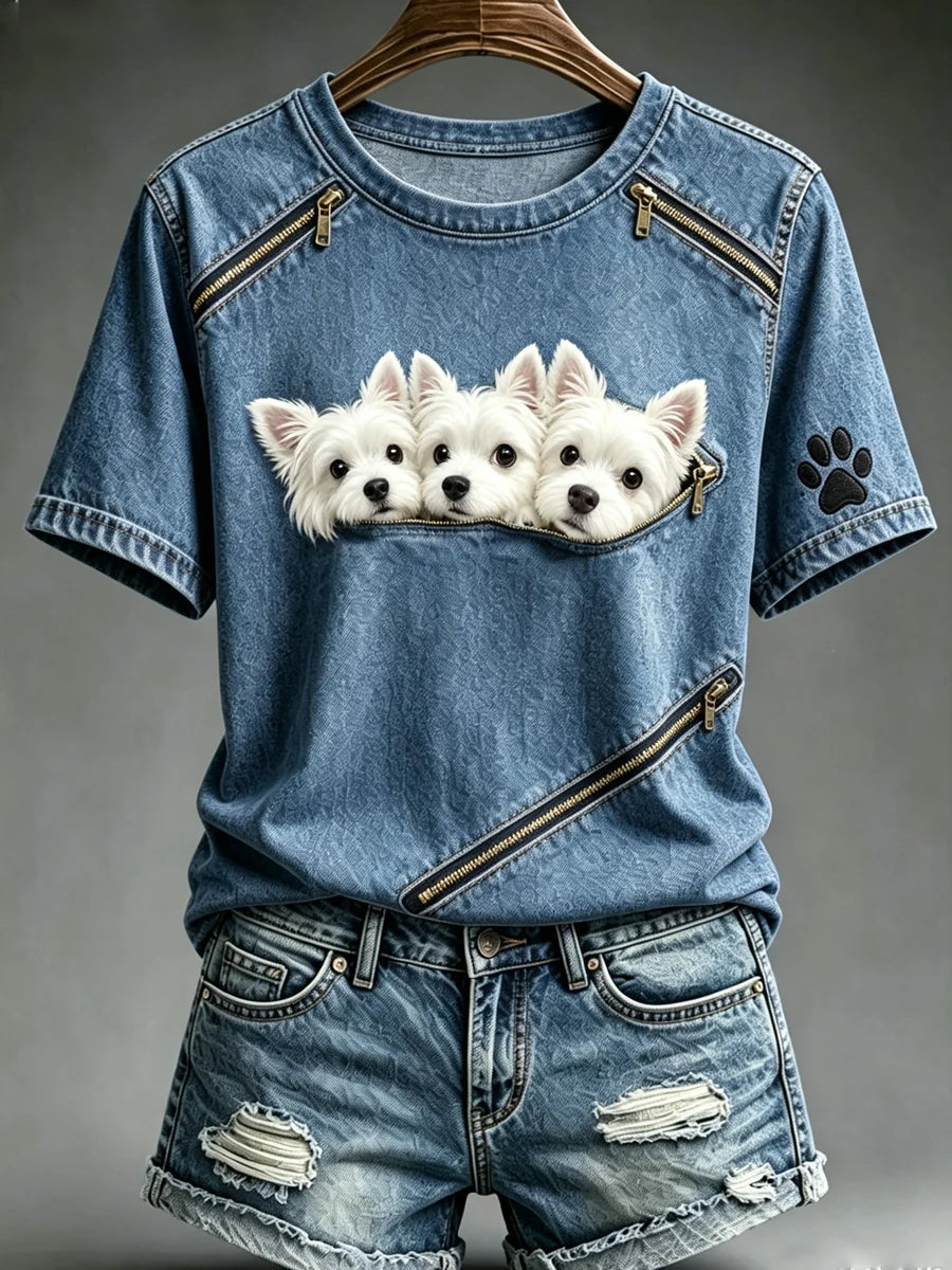 Women's Animal Dog Zipper Printed Vintage Fashion Loose Short Sleeve T-Shirt