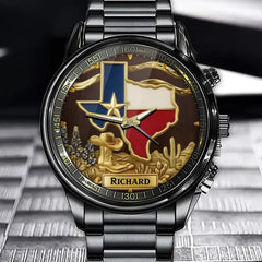 Personalized Strong Texas Watch - Engraved Western Cowboy Boots & Bluebonnet Cactus Themed Timepiece