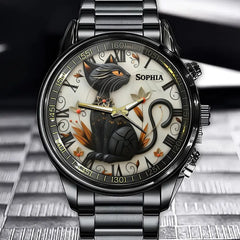 Personalized Vintage Embossed Black Cat Watch - With Roman Numeral Dial & Floral Accents