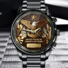 Personalized US 250th Anniversary Watch - Bald Eagle, Star & Ornate Floral Design with Custom Name