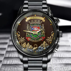 Personalized Puerto Rico National Coat of Arms Watch - "JOANNES EST NOMEN EIUS" & Castle/Lion/Palm Tree Themed Dial with Custom Name