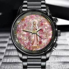Personalized Virgin Mary Watch – Custom Name Dial, Pink Rose Floral Faith Gift