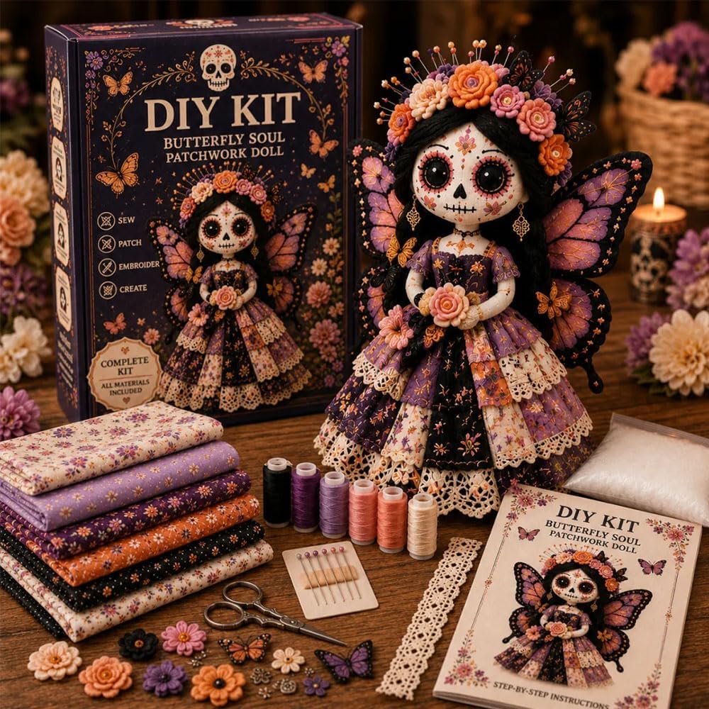 Day of the Dead Patchwork Doll DIY Kit - Sugar Skull Sewing Craft For Halloween & Fall Decor