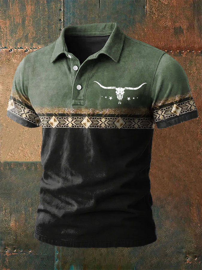 Men's Western-Style Printed Casual Polo Shirt