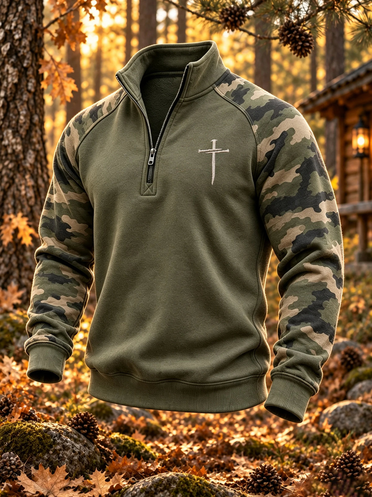 Men's Autumn/Winter Zip-Up Sweatshirt – Distressed "Jungle Faith" Camouflage Print