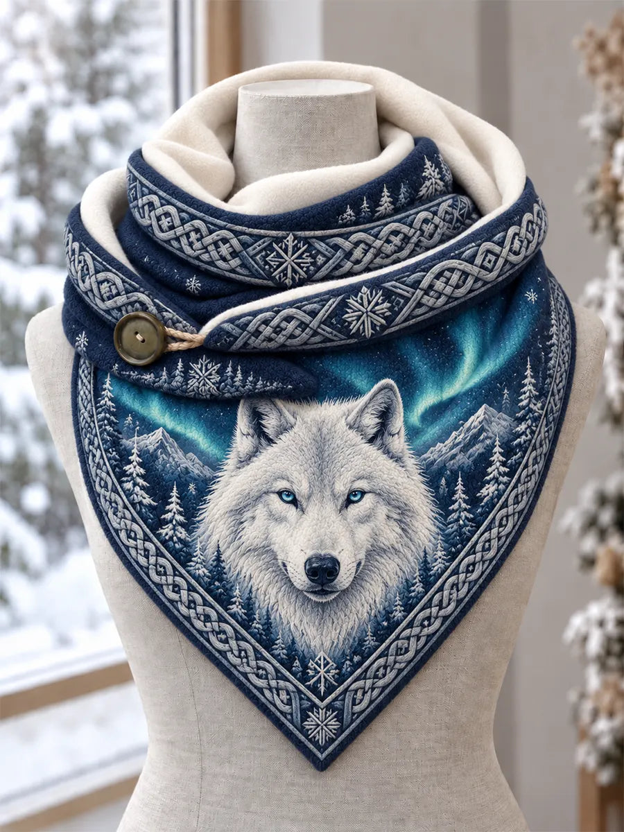 🐺❄️ Arctic White Wolf & Northern Lights Plush Triangle Scarf