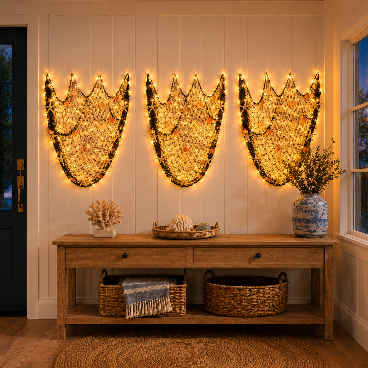 🌊✨ Coastal Fishing Net Wall Hanging with Fairy Lights