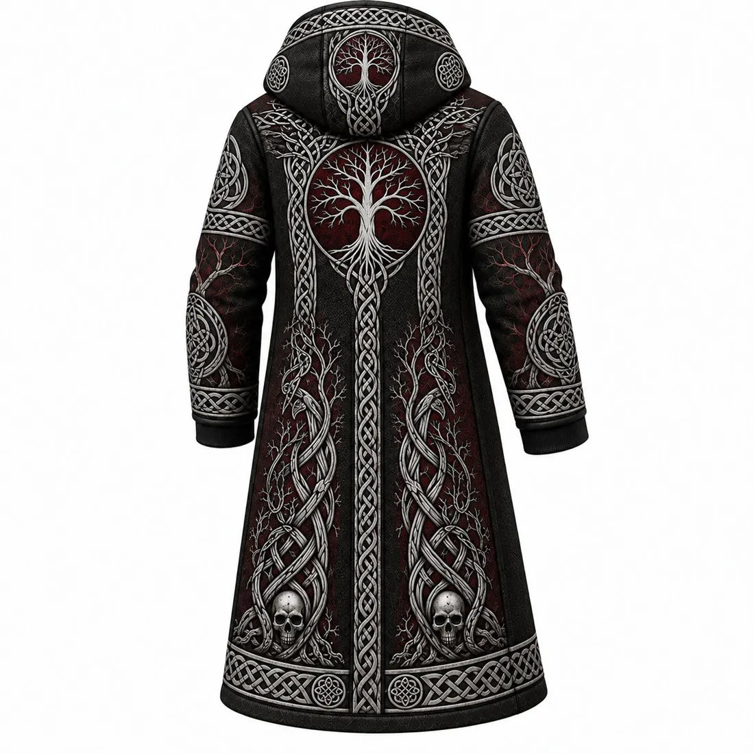 Black Viking Skull Tree Fleece-Lined Long Coat