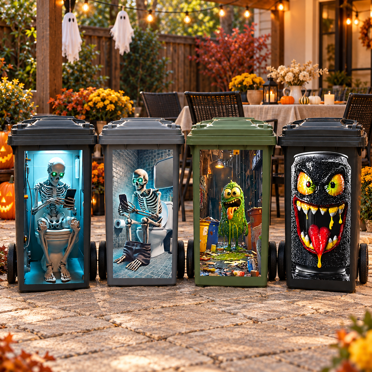 Halloween Trash Can Sticker - Self-Adhesive Skeleton & Monster Bin Decal