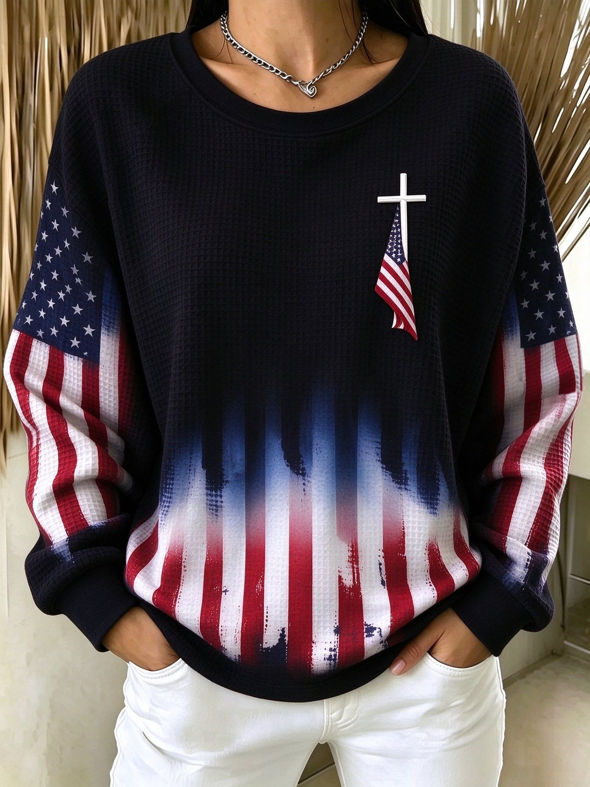 Women's Retro Faith Casual Printed Casual Waffle Long-Sleeve Top