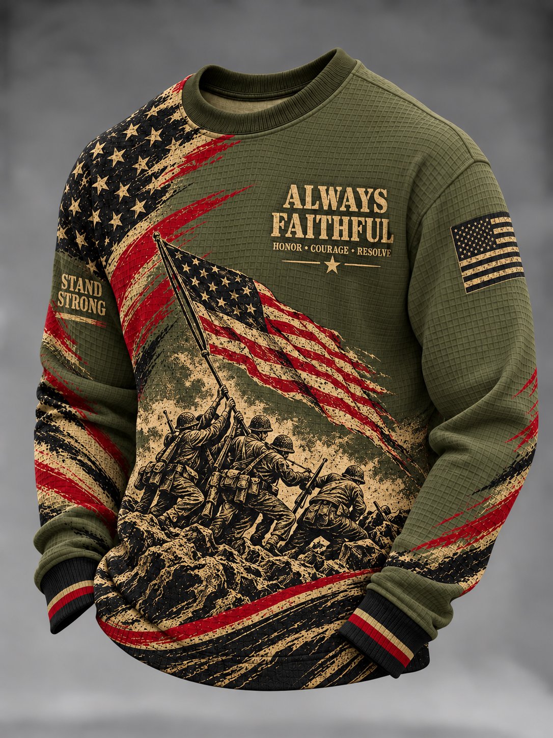 Men's Vintage Veterans Art Printed Waffle-Knit T-Shirt