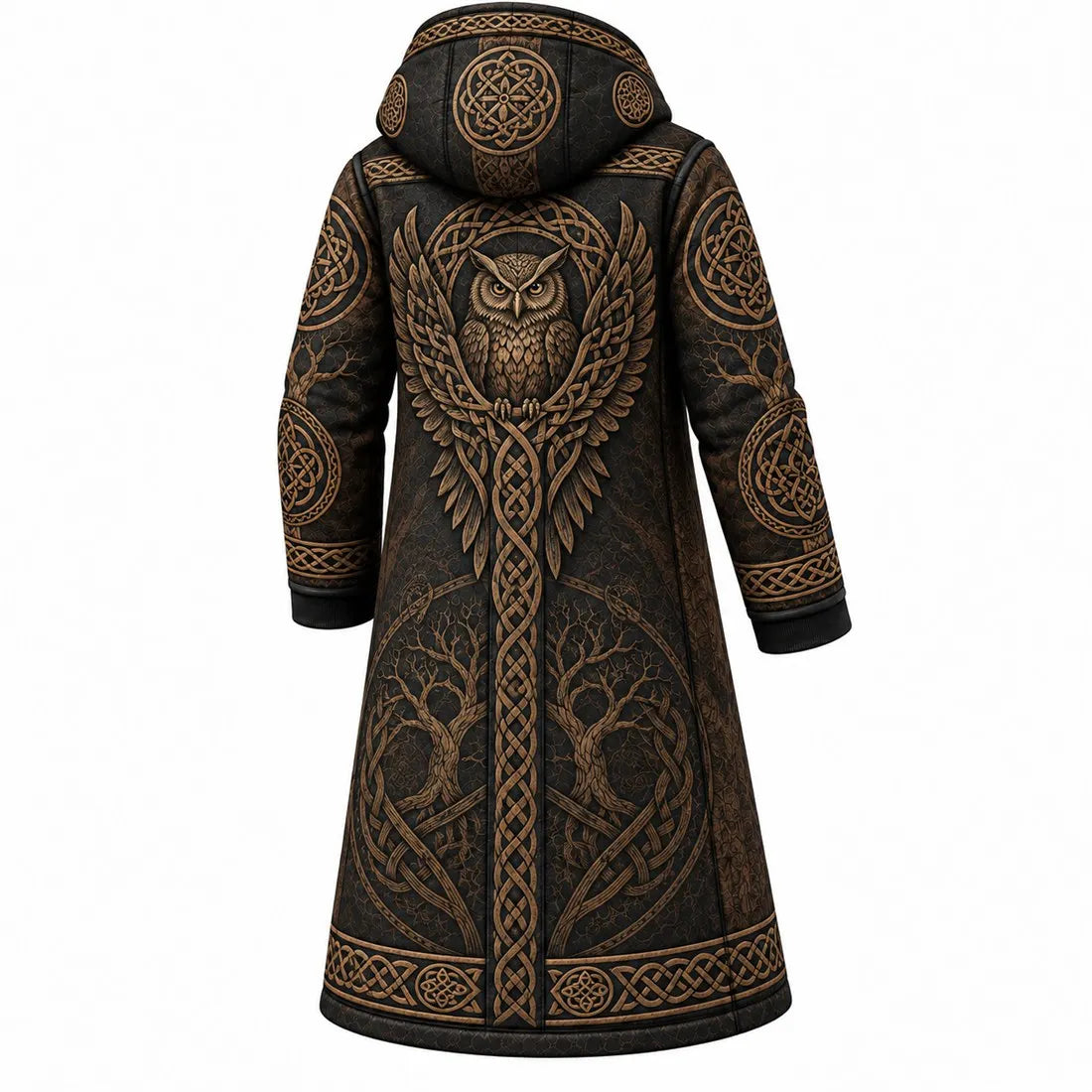Black Viking Owl Knotwork Fleece-Lined Long Coat