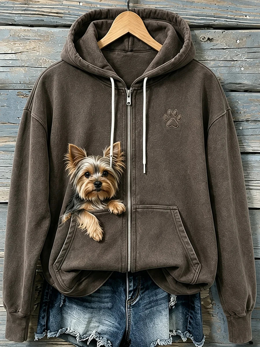 Women's Cute Peeking Yorkshire Terrier & Paw Print Cozy Zip-Up Hoodie