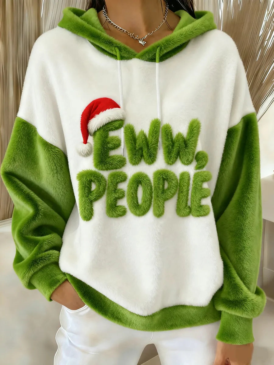 Women's Color Block Fuzzy Eww People Furry Letter Santa Hat Print Flannel Hoodie