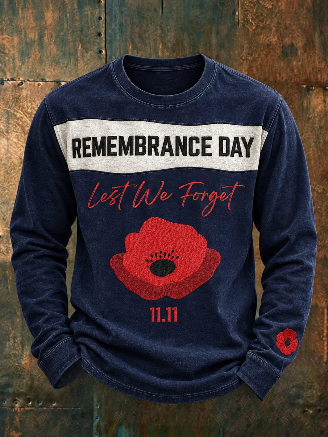 Men's Last We Forget Slogan Papaver Rhoeas Pattern Printed Causal Long Sleeve T-shirt