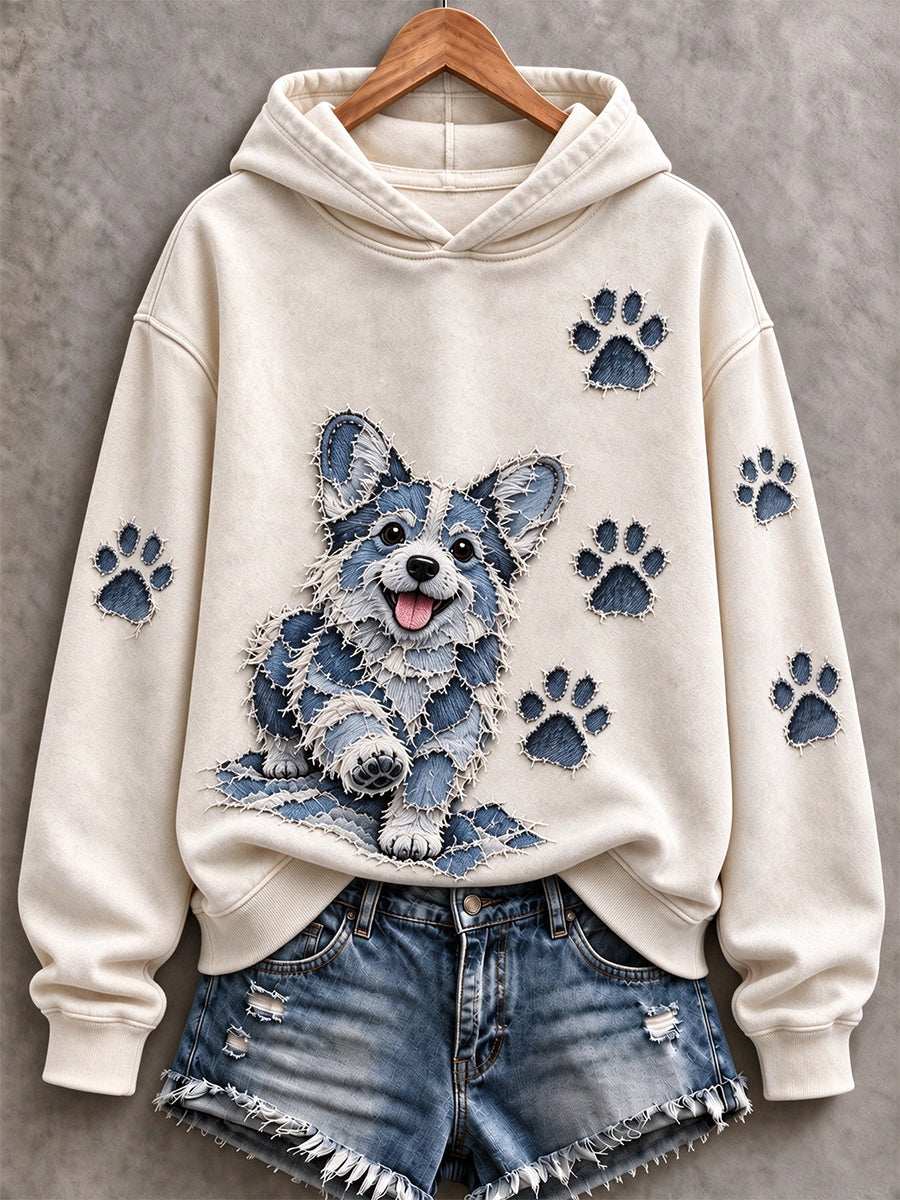 Women's Corgi & Paw Prints Patchwork Print Casual Hoodie