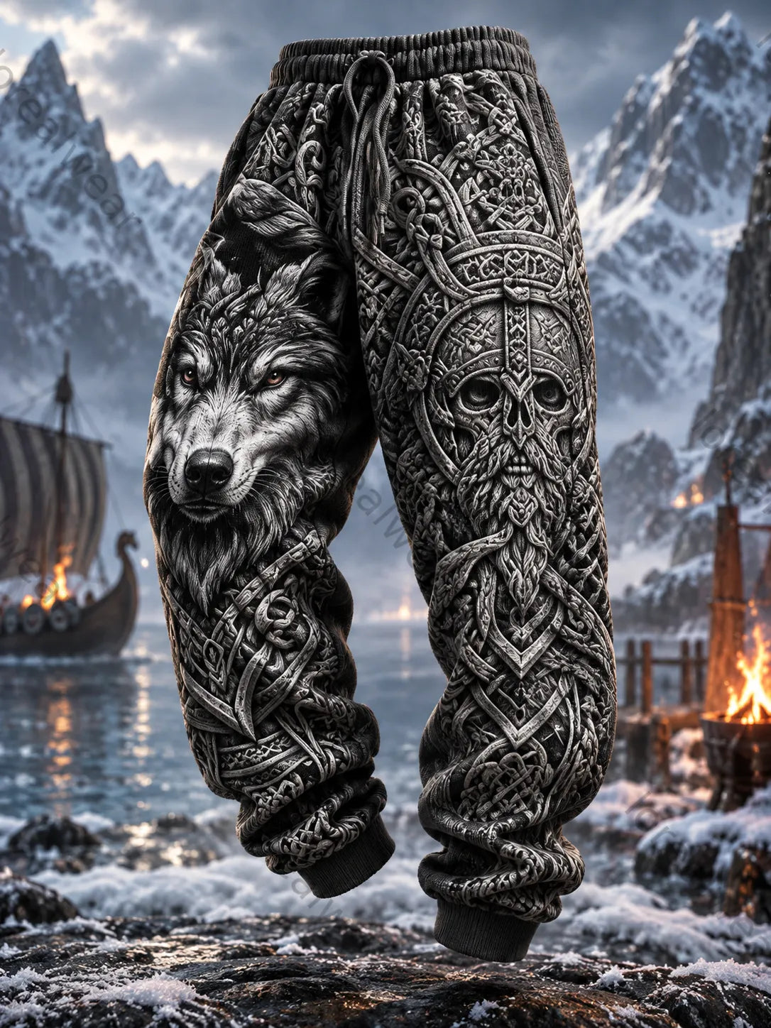 Men's Retro Viking Wolf Head Pants