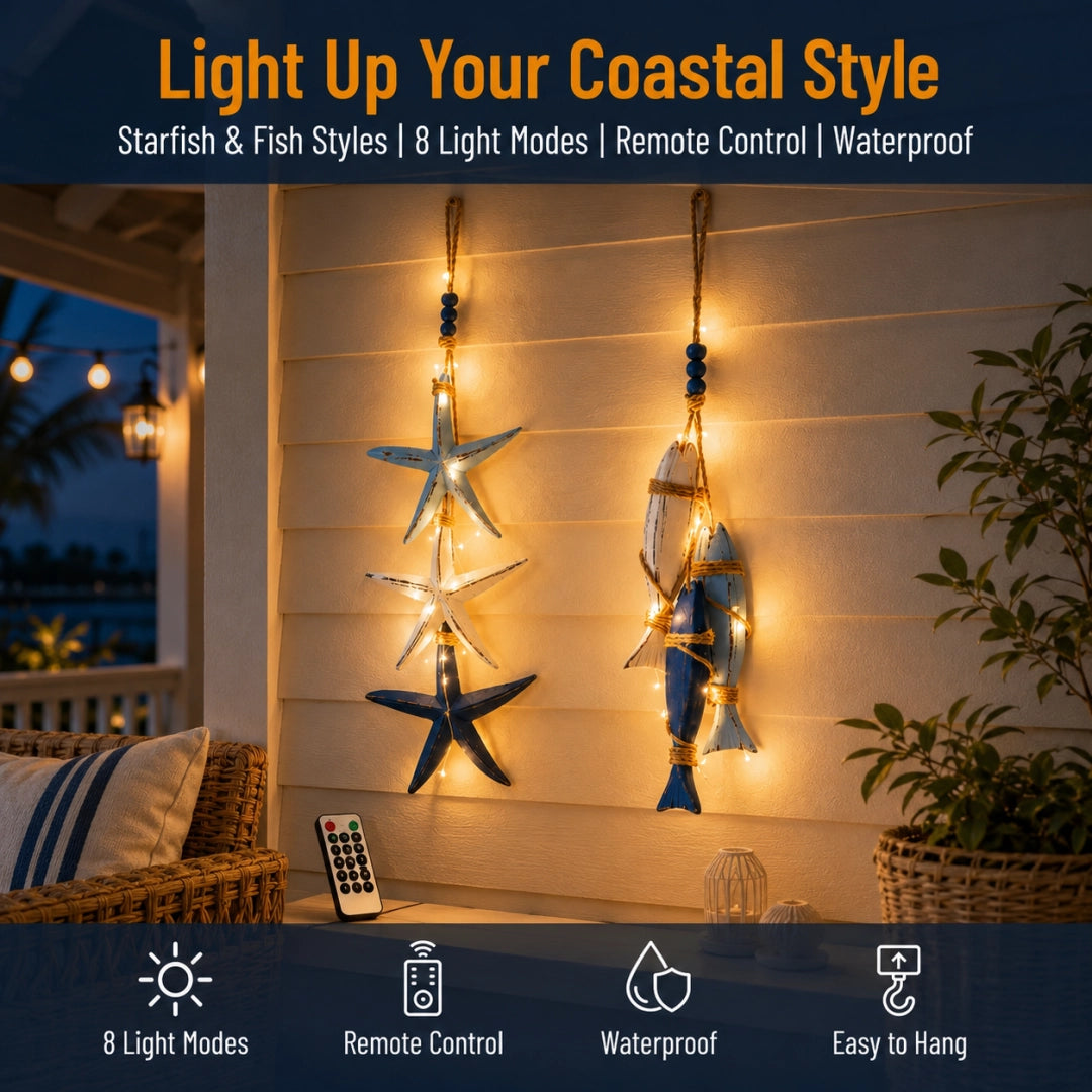 Lighted Coastal Wooden Hanging Decor - Starfish & Fish Wall Ornament