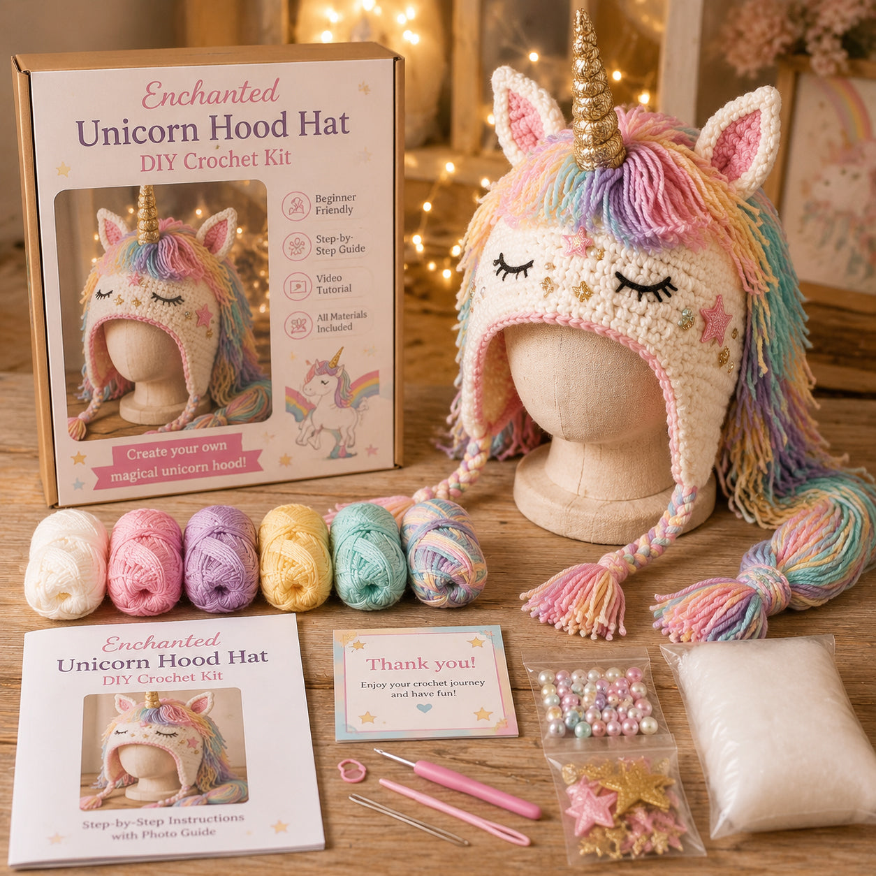Unicorn Hood Hat DIY Crochet Kit with pastel yarn, tools and accessories
