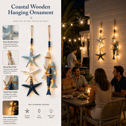 Lighted Coastal Wooden Hanging Decor - Starfish & Fish Wall Ornament