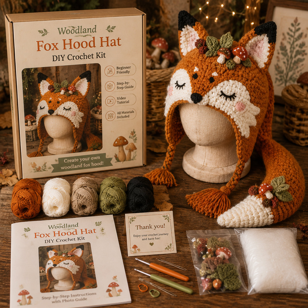 Woodland Fox Hood Hat DIY Crochet Kit with yarn, tools and accessories