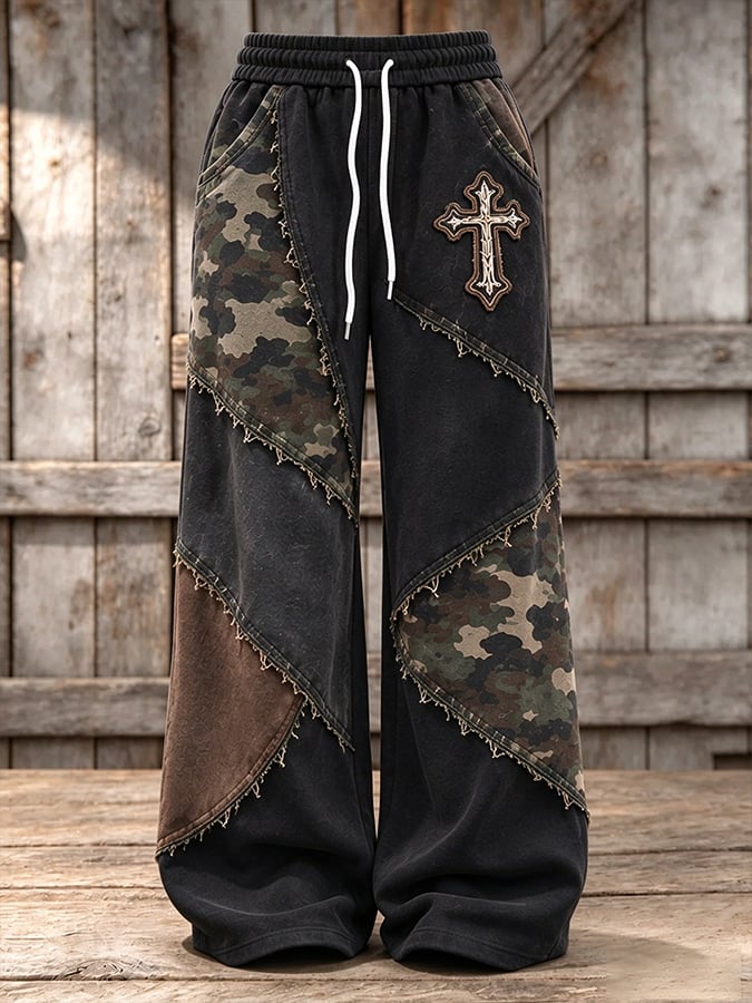 Women's Retro Camouflage Cross Pattern Patchwork Print Casual Sports Pants
