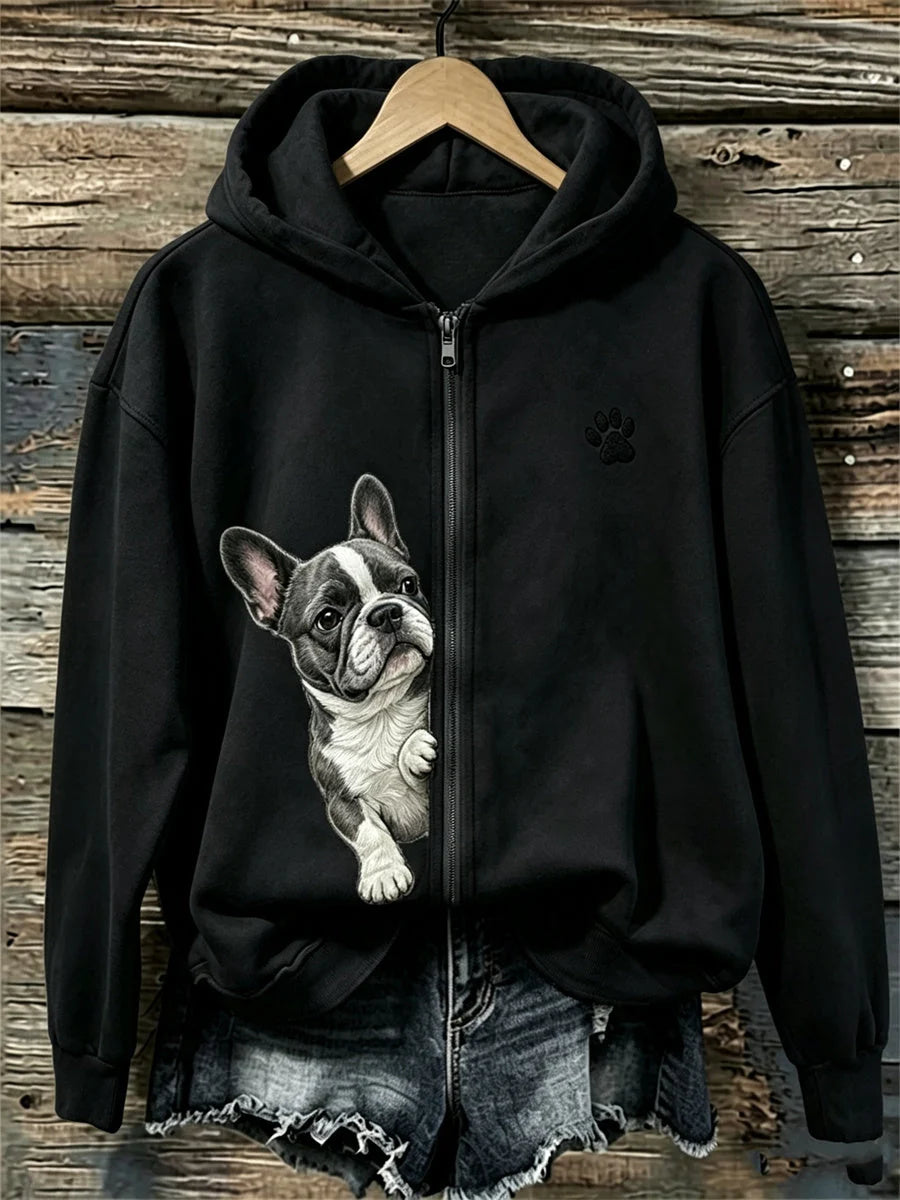 Women's Peeking French Bulldog & Paw Print Full Zip Hoodie