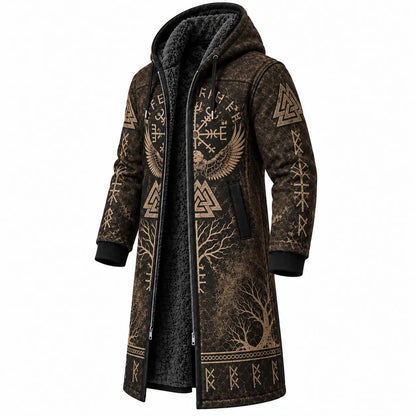 Brown Beige Rune Print Longline Hooded Fleece Coat