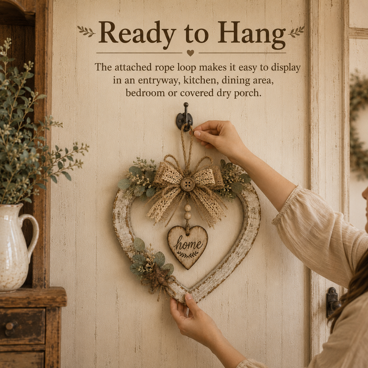 Rustic Farmhouse Heart Wall Decor with "Home" Sign - Ready-to-hang rope loop