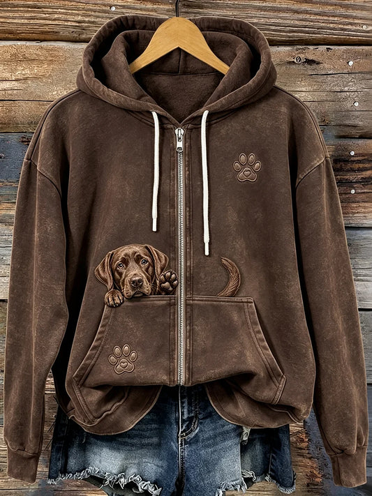 Women's Cute Peeking Chocolate Labrador Retriever & Paw Print Zip-Up Hoodie