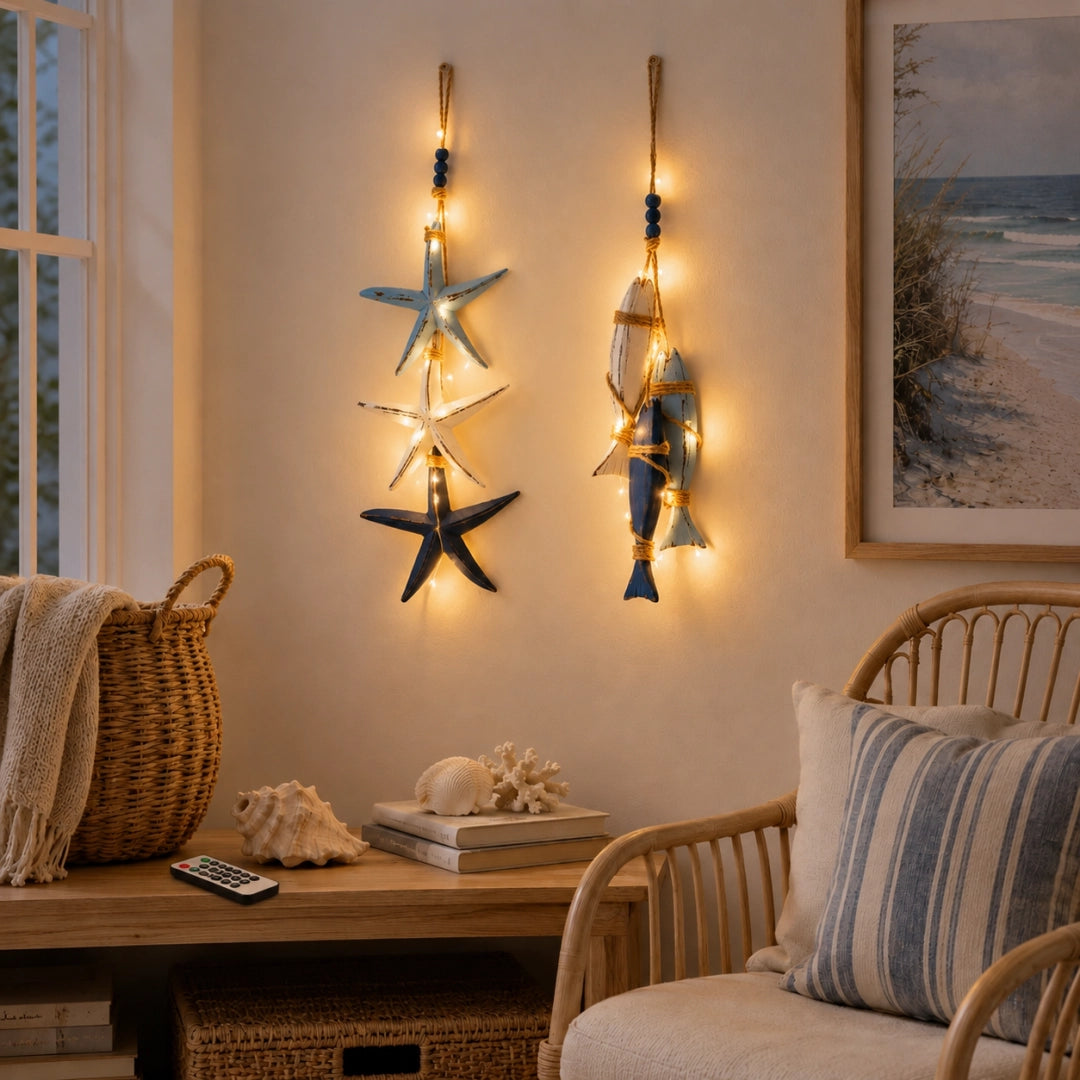Lighted Coastal Wooden Hanging Decor - Starfish & Fish Wall Ornament