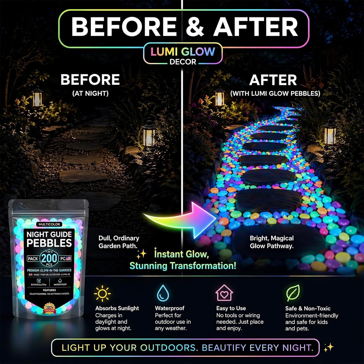 Solar Glow In Dark Garden Stones Outdoor Decor Pebbles