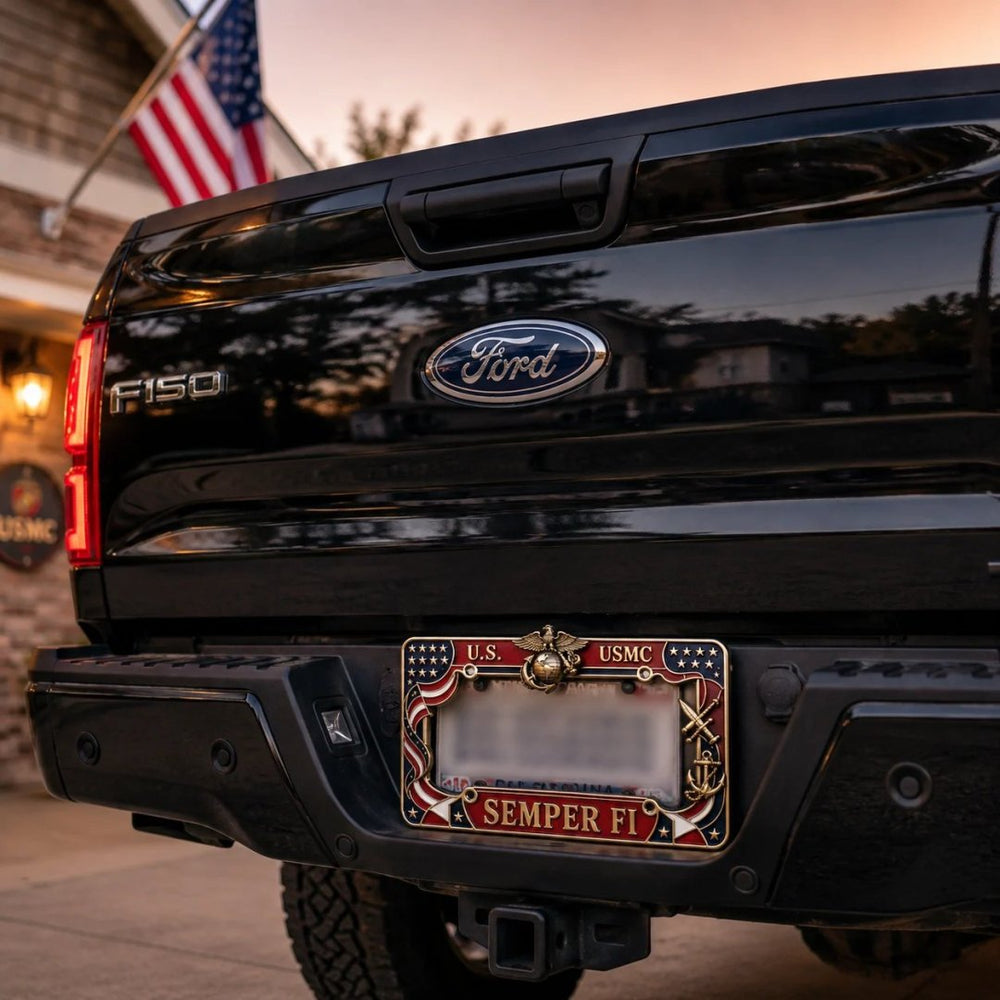 Military branch tribute license plate frame installed on a truck