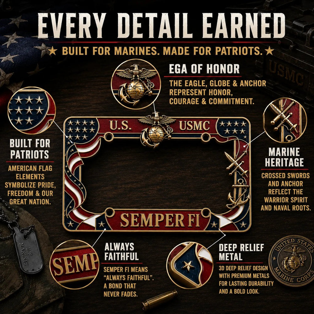 Detail view of military branch tribute license plate frame features