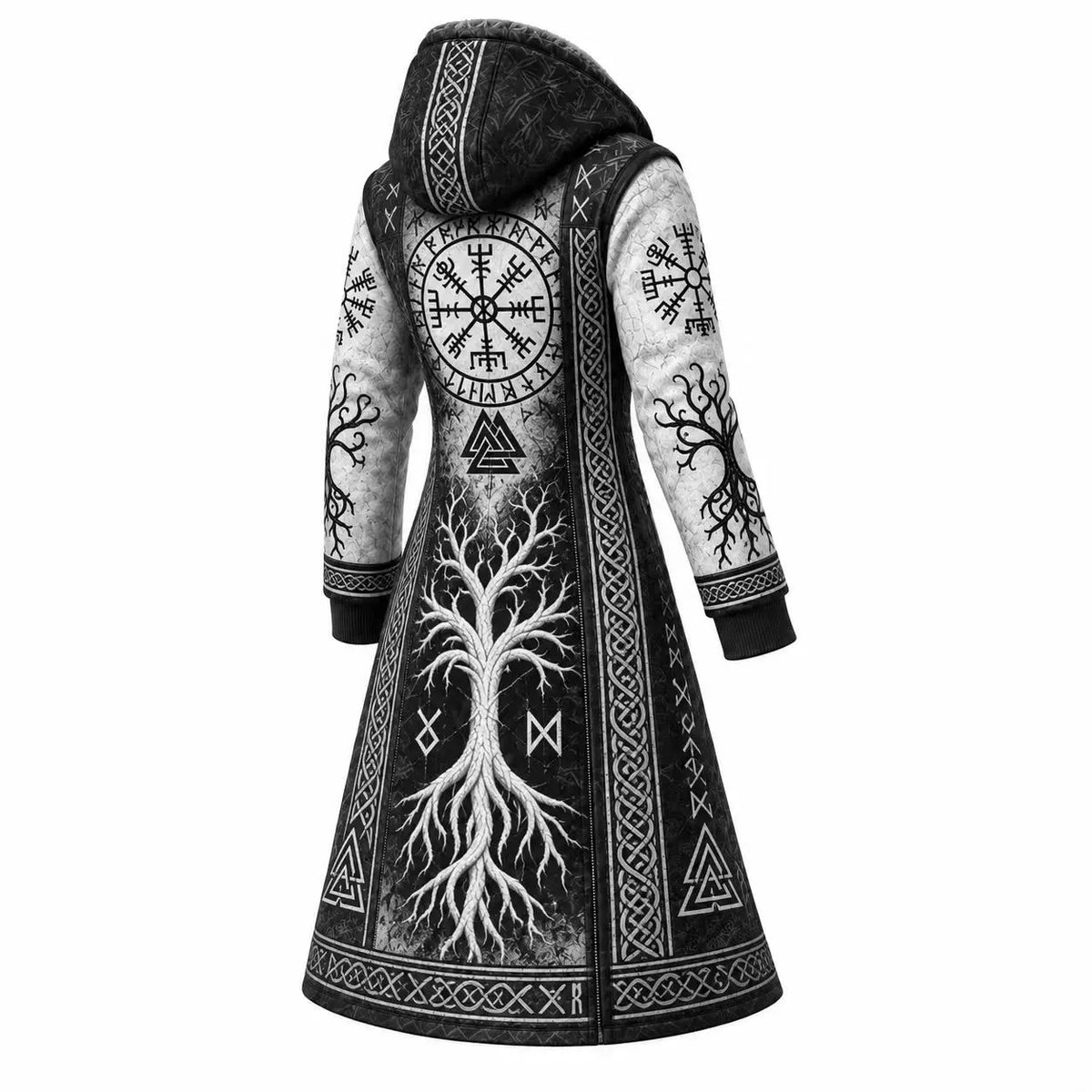 White Gray Compass Print Longline Hooded Fleece Coat