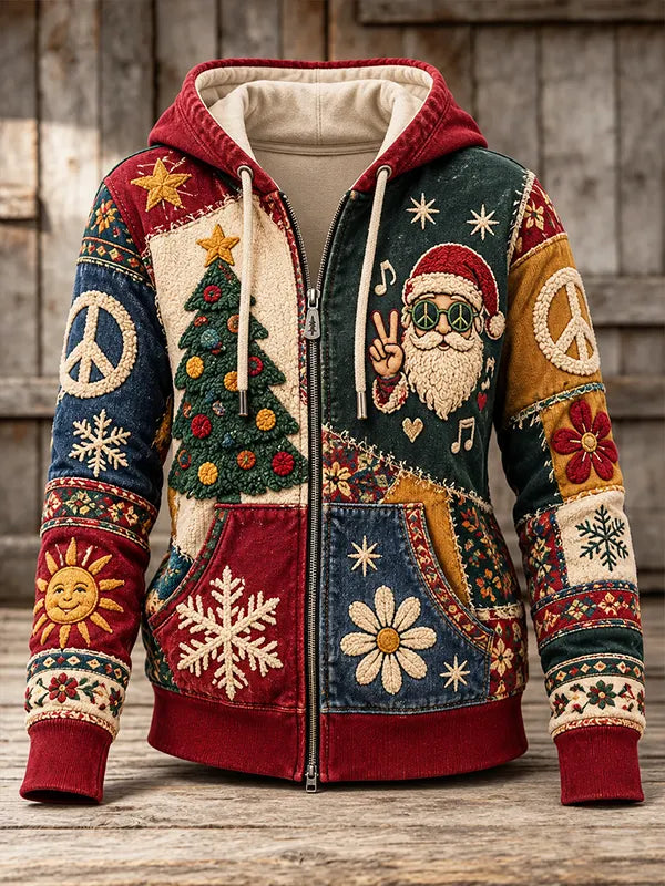 Women's Vintage Patchwork Santa Christmas Tree Peace Sign Snowflake Sunflower Art Print Hooded Zip Up Jacket