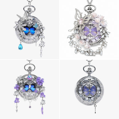 🔥49% OFF - 🦋 Butterfly in Time Handmade Multicolor Pocket Watch Necklace - Handmade Silver Crystal Floral Design