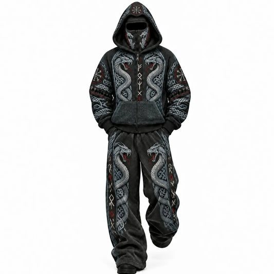 Black Viking Silver Serpent Mask Hoodie Set