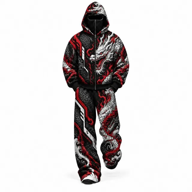 Black Japanese Dragon Mask Hoodie Tracksuit Set