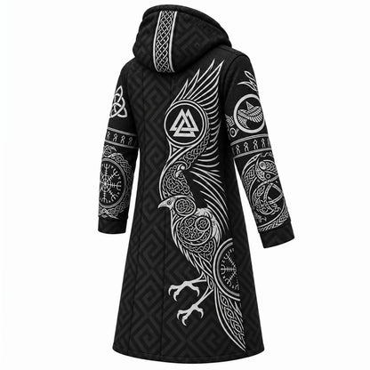 Black Gray Norse Pattern Longline Hooded Fleece Coat