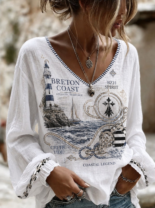 Women's France Brittany Celtic Printed Cotton-Linen Shirt
