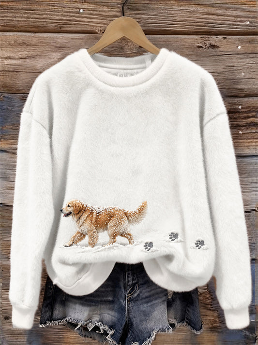 Women's Golden Retriever Dog in the Snow & Paw Prints Cozy Flannel Sweatshirt